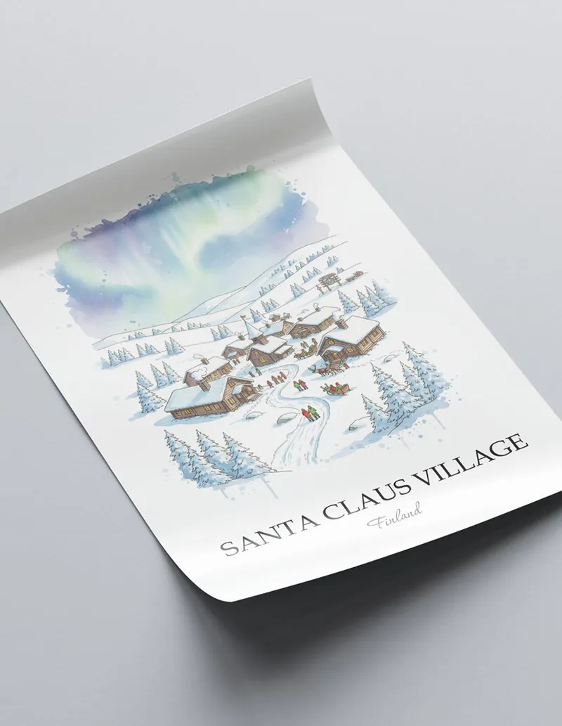 A close-up of a high-quality paper print featuring the Santa Claus Village in Finland minimalist design.