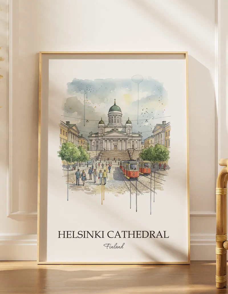 Framed wall art featuring Helsinki Cathedral in Finland in a light wood frame leaning on the floor.