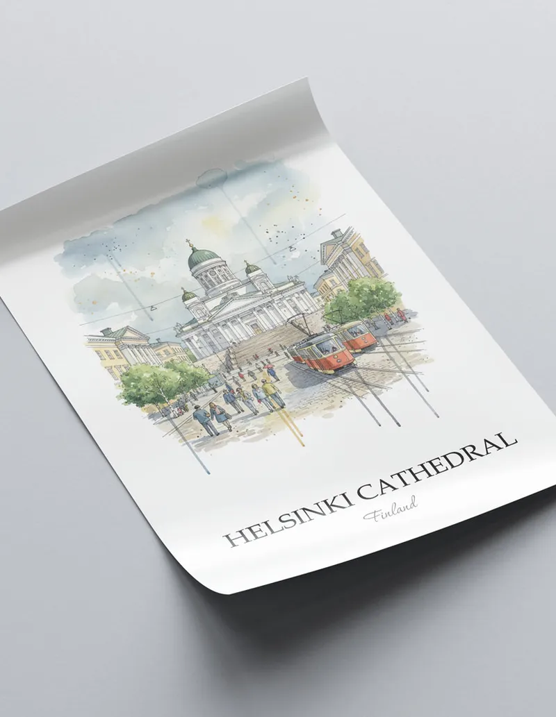 A close-up of a high-quality paper print featuring the Helsinki Cathedral in Finland minimalist design.