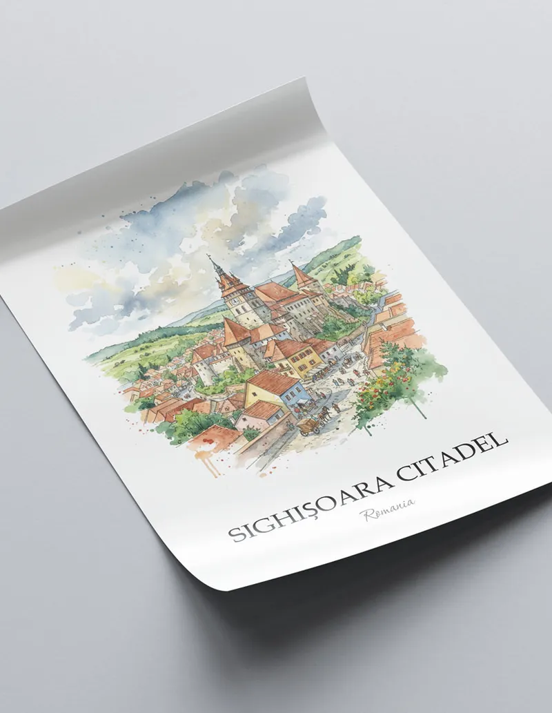 Framed wall art featuring Sighi_oara Citadel in Romania in a light wood frame leaning on the floor.