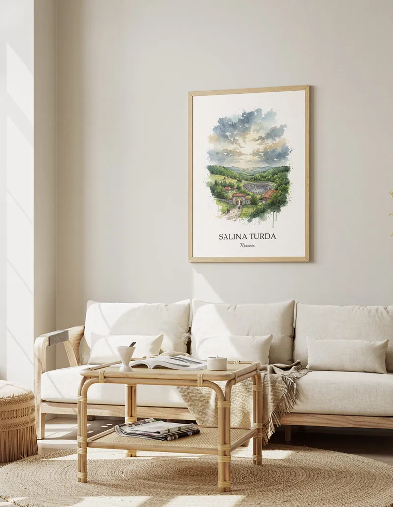 Vintage travel poster of Salina Turda, Romania in a light frame displayed above a sofa in a bright boho interior.