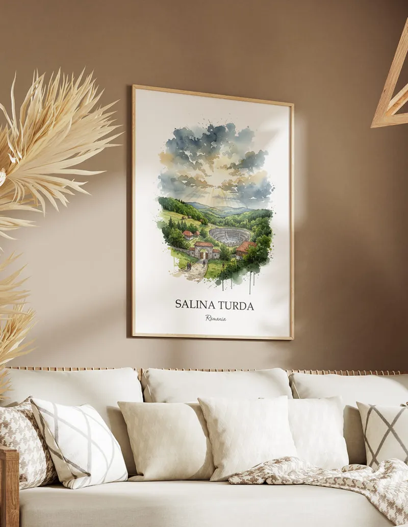 A gorgeous boho-inspired living space with a framed vintage travel poster of Salina Turda in Romania on display.