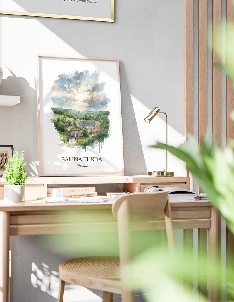 A clean and modern mockup showing a framed Salina Turda, Romania print on a minimalist background.