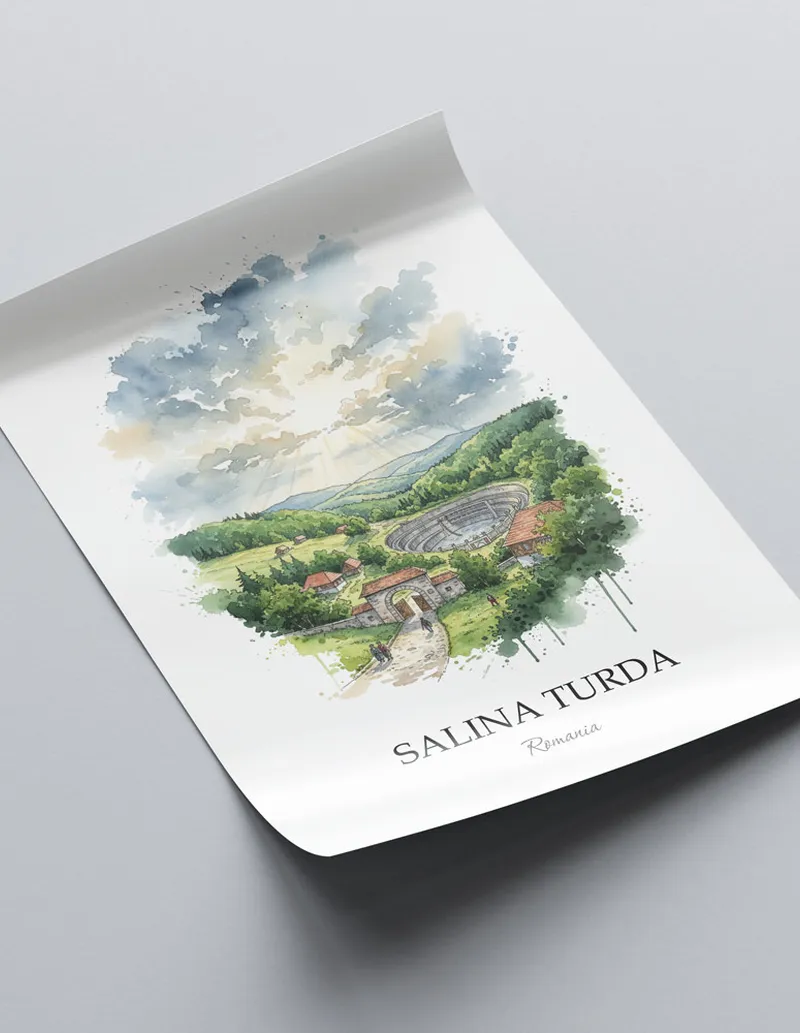 Framed wall art featuring Salina Turda in Romania in a light wood frame leaning on the floor.