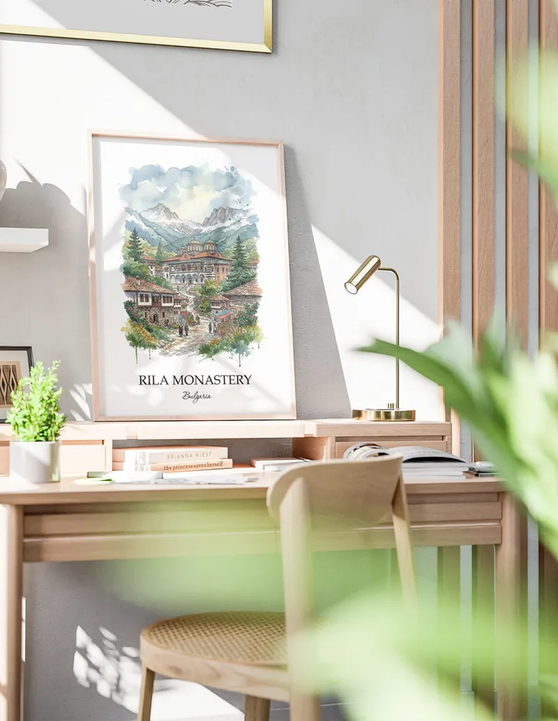 A clean and modern mockup showing a framed Rila Monastery, Bulgaria print on a minimalist background.
