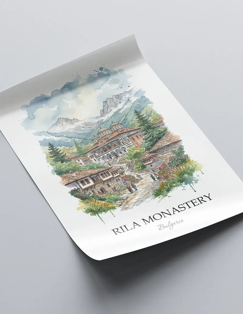 Framed wall art featuring Rila Monastery in Bulgaria in a light wood frame leaning on the floor.