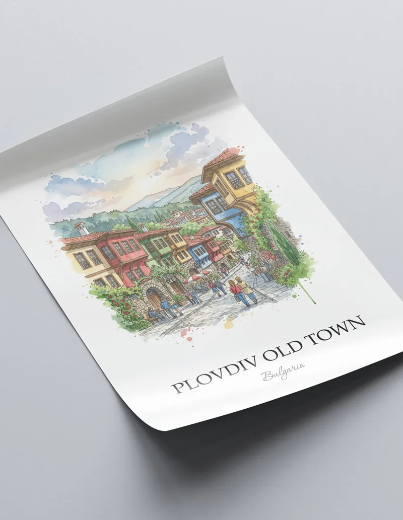 Framed wall art featuring Plovdiv Old Town in Bulgaria in a light wood frame leaning on the floor.
