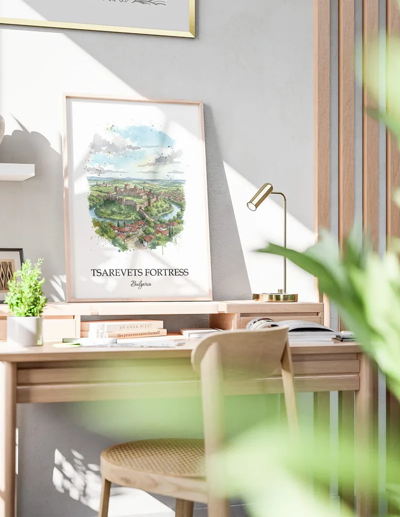 A clean and modern mockup showing a framed Tsarevets Fortress, Bulgaria print on a minimalist background.