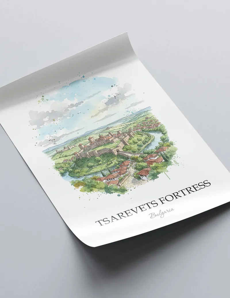 Framed wall art featuring Tsarevets Fortress in Bulgaria in a light wood frame leaning on the floor.