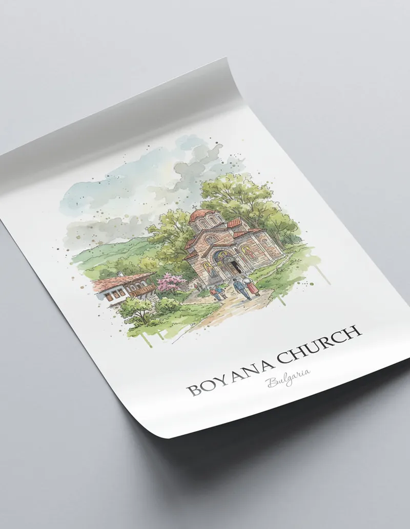 Framed wall art featuring Boyana Church in Bulgaria in a light wood frame leaning on the floor.