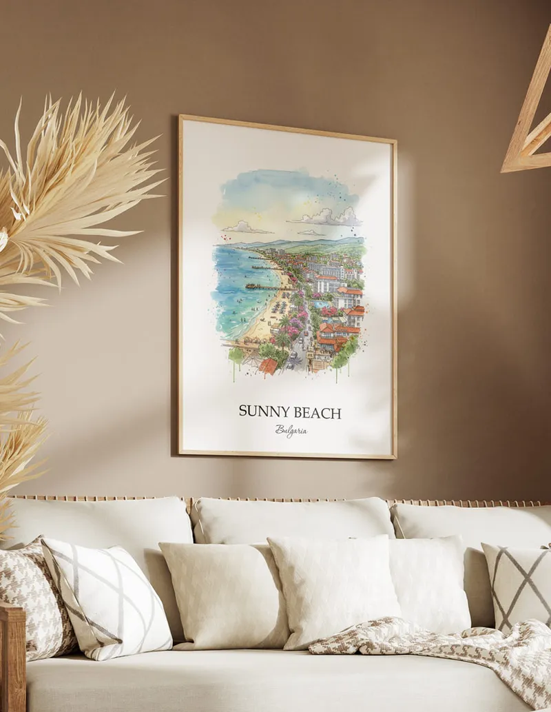 A gorgeous boho-inspired living space with a framed vintage travel poster of Sunny Beach in Bulgaria on display.