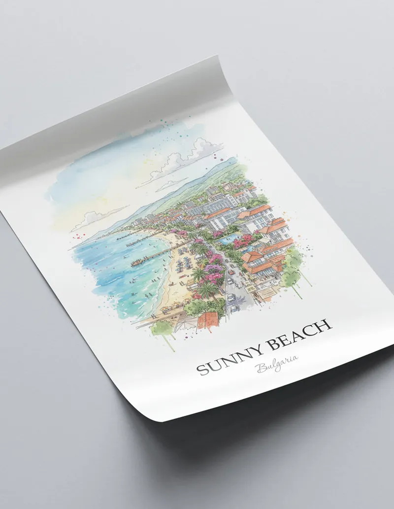 Framed wall art featuring Sunny Beach in Bulgaria in a light wood frame leaning on the floor.
