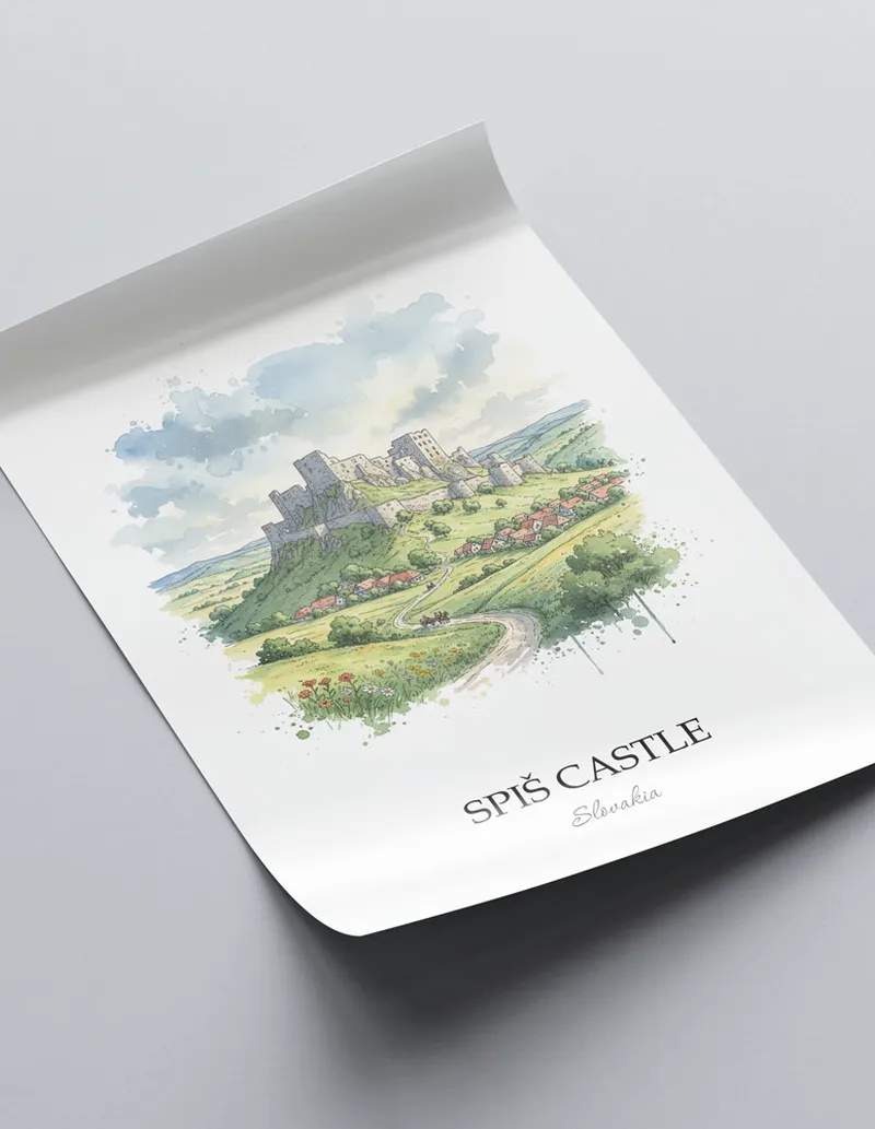 Framed wall art featuring Spi_ Castle in Slovakia in a light wood frame leaning on the floor.