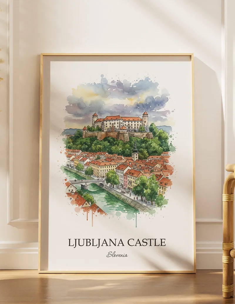 Minimalist poster of Ljubljana Castle in Slovenia in a light frame standing on the floor in a dark moody interior.