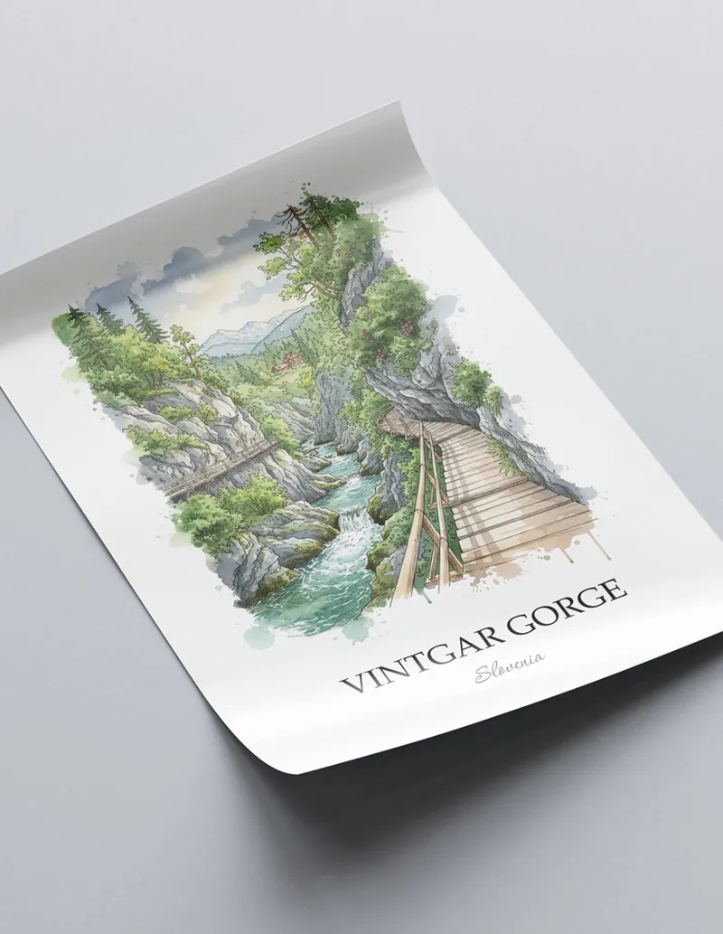 Framed wall art featuring Vintgar Gorge in Slovenia in a light wood frame leaning on the floor.