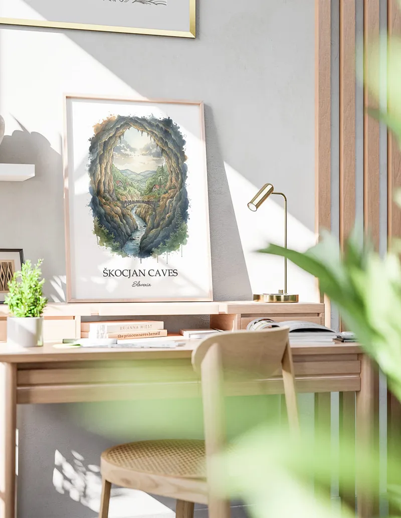 A clean and modern mockup showing a framed _kocjan Caves, Slovenia print on a minimalist background.