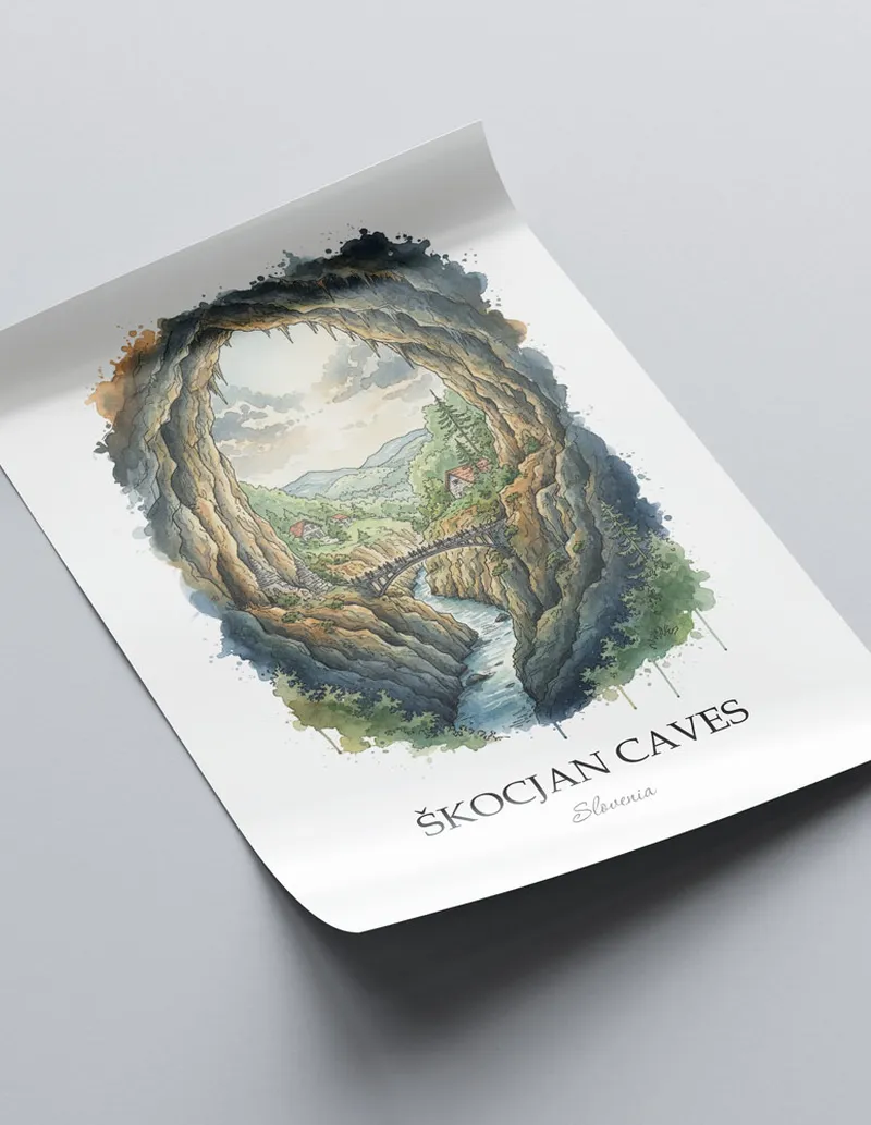 Framed wall art featuring _kocjan Caves in Slovenia in a light wood frame leaning on the floor.