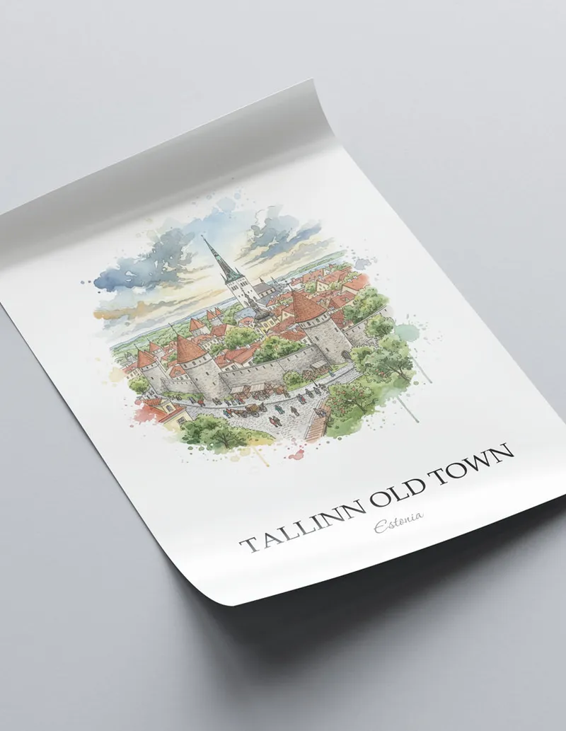 Framed wall art featuring Tallinn Old Town in Estonia in a light wood frame leaning on the floor.
