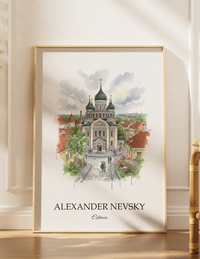 Minimalist poster of Alexander Nevsky in Estonia in a light frame standing on the floor in a dark moody interior.