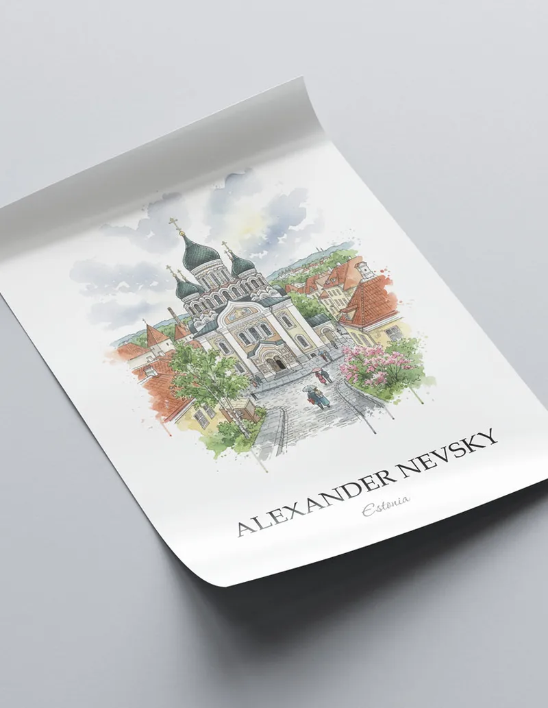 Framed wall art featuring Alexander Nevsky in Estonia in a light wood frame leaning on the floor.
