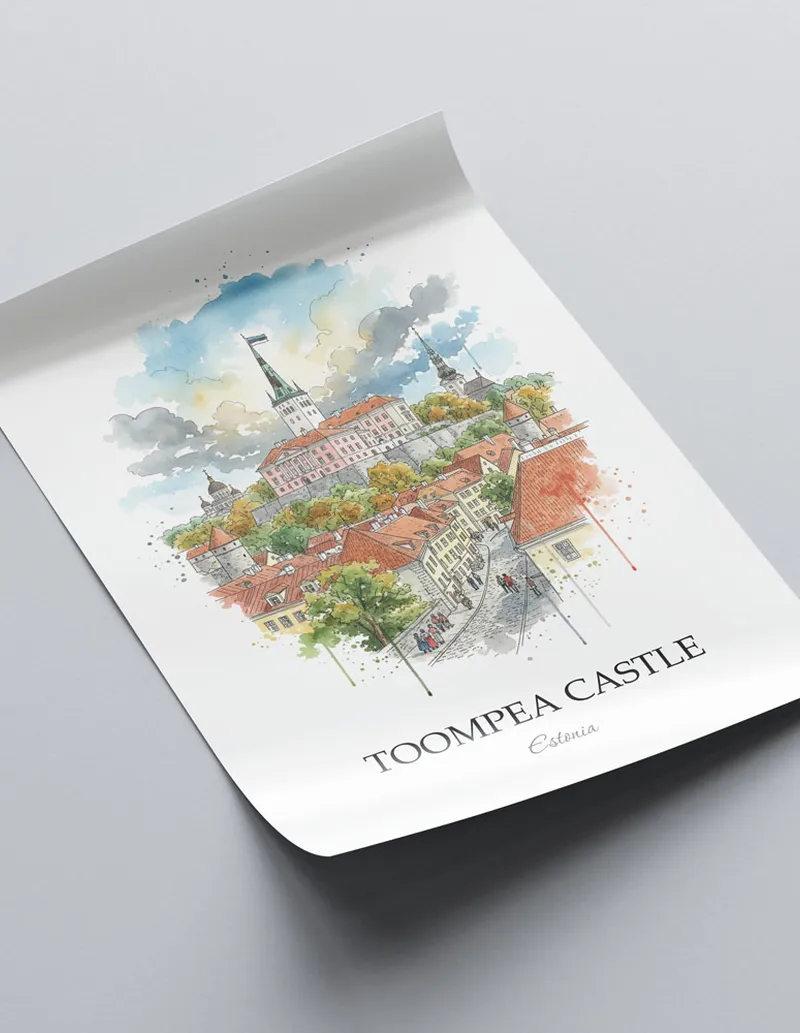 Framed wall art featuring Toompea Castle in Estonia in a light wood frame leaning on the floor.