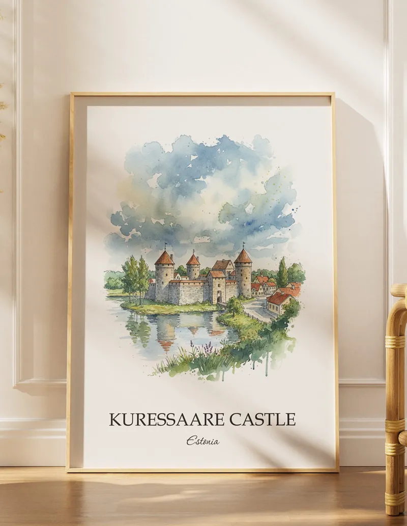 Minimalist poster of Kuressaare Castle in Estonia in a light frame standing on the floor in a dark moody interior.