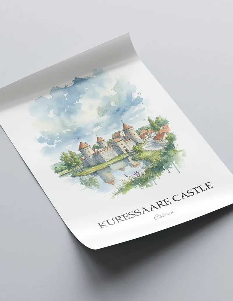 Framed wall art featuring Kuressaare Castle in Estonia in a light wood frame leaning on the floor.