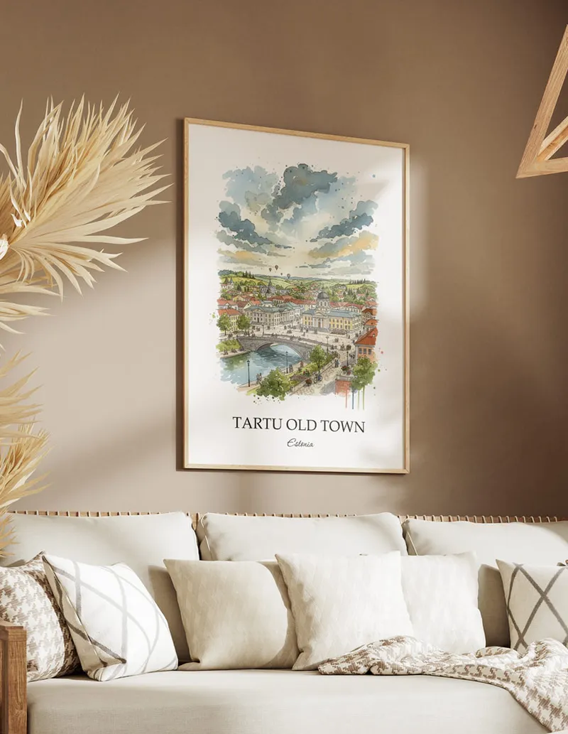 A gorgeous boho-inspired living space with a framed vintage travel poster of Tartu Old Town in Estonia on display.