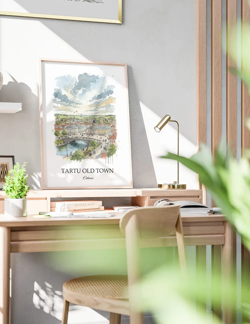 A clean and modern mockup showing a framed Tartu Old Town, Estonia print on a minimalist background.