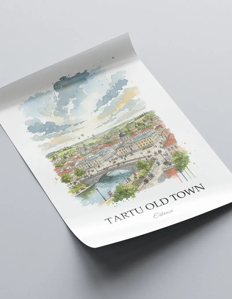 Framed wall art featuring Tartu Old Town in Estonia in a light wood frame leaning on the floor.