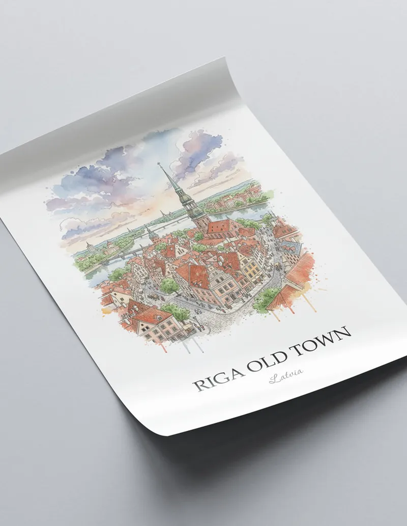 Framed wall art featuring Riga Old Town in Latvia in a light wood frame leaning on the floor.