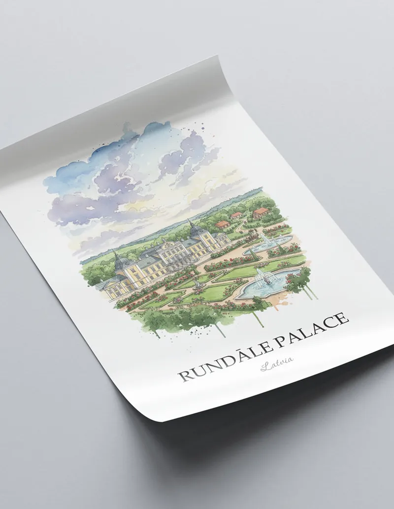 Framed wall art featuring Rund_le Palace in Latvia in a light wood frame leaning on the floor.