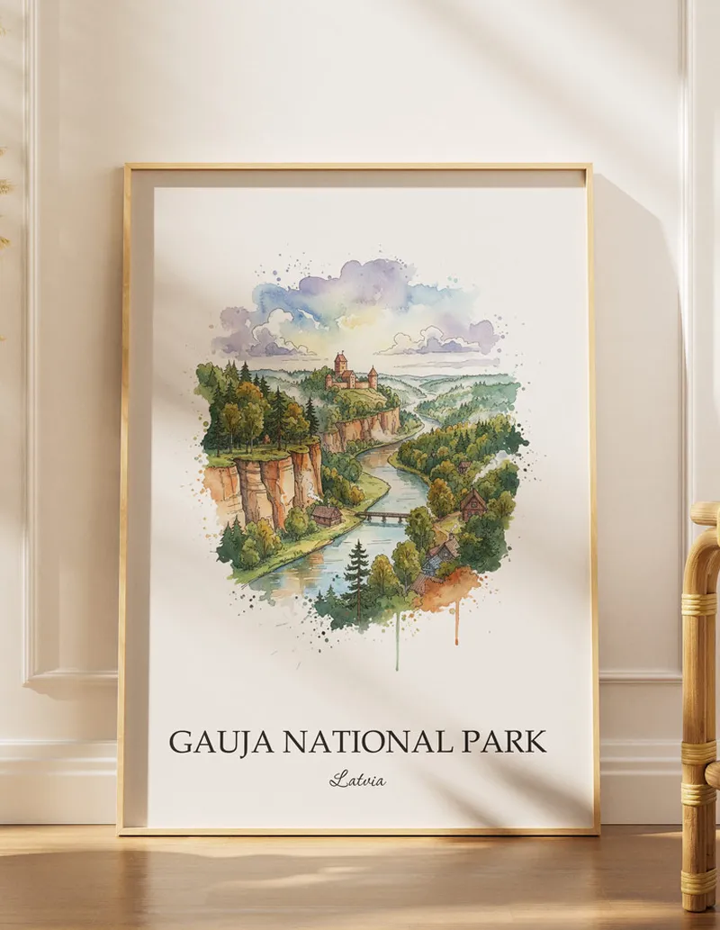 Minimalist poster of Gauja National Park in Latvia in a light frame standing on the floor in a dark moody interior.
