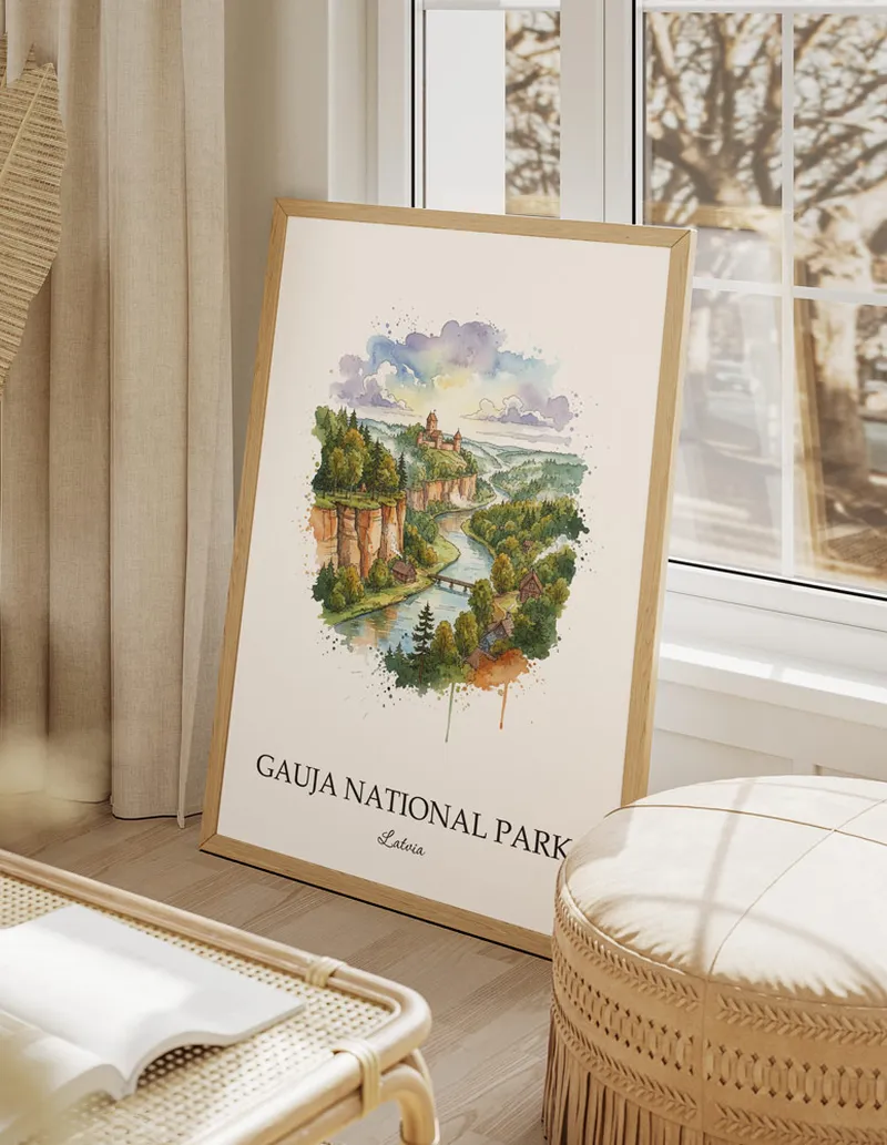 Framed wall art featuring Gauja National Park, Latvia in a light wood frame hanging above a sofa in a modern living room.