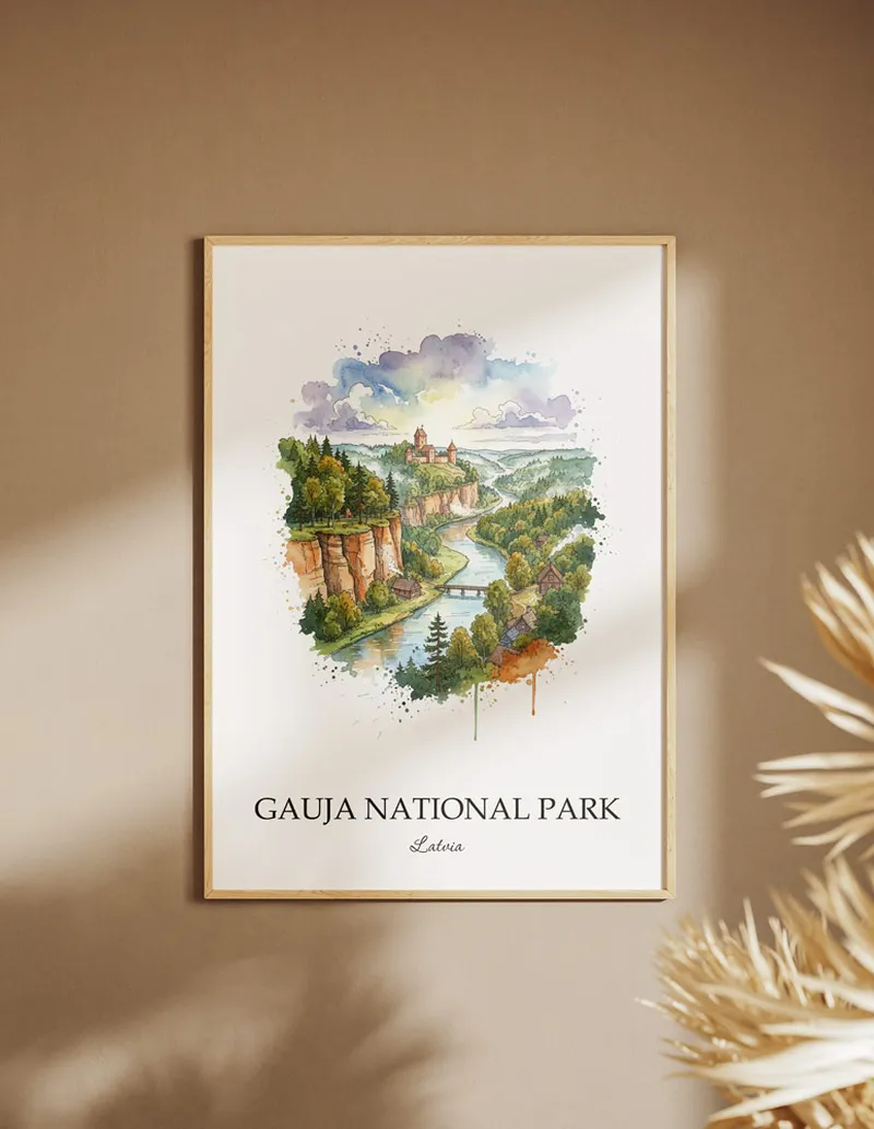 A close-up of a high-quality paper print featuring the Gauja National Park in Latvia minimalist design.