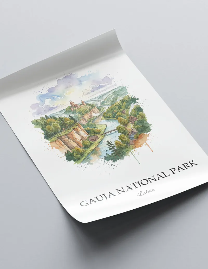 Framed wall art featuring Gauja National Park in Latvia in a light wood frame leaning on the floor.