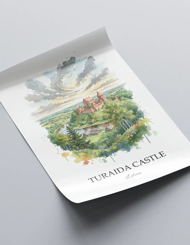 Framed wall art featuring Turaida Castle in Latvia in a light wood frame leaning on the floor.