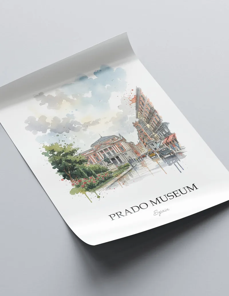 A close-up of a high-quality paper print featuring the Prado Museum in Spain minimalist design.