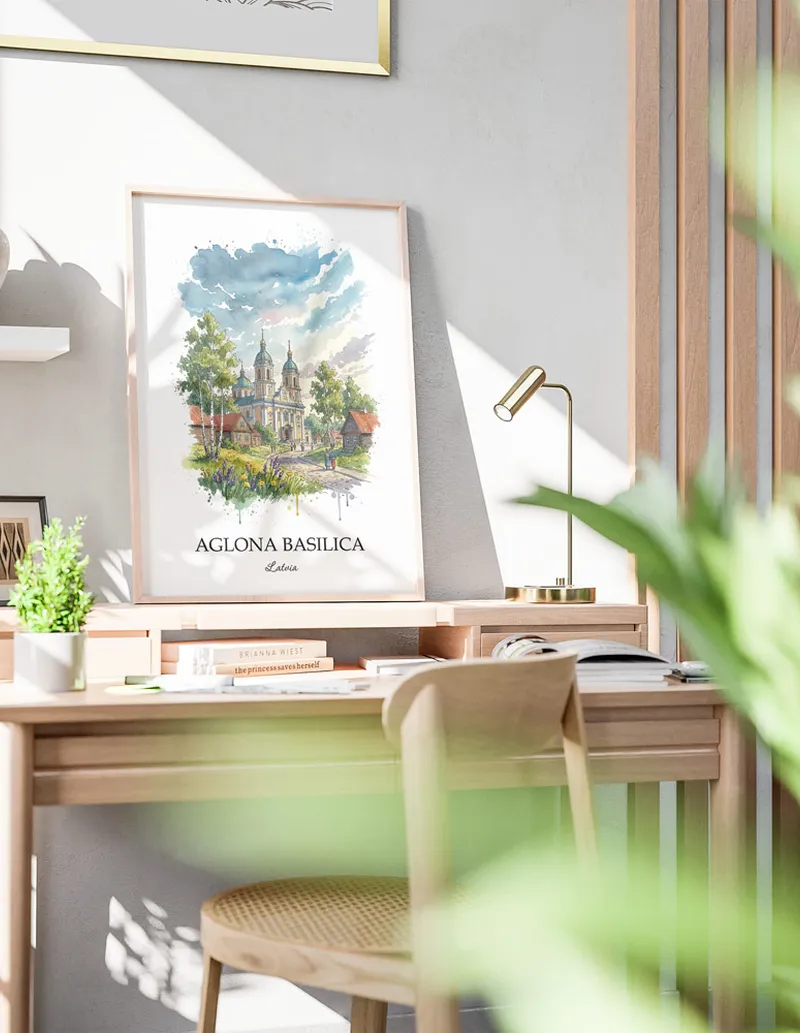 A clean and modern mockup showing a framed Aglona Basilica, Latvia print on a minimalist background.