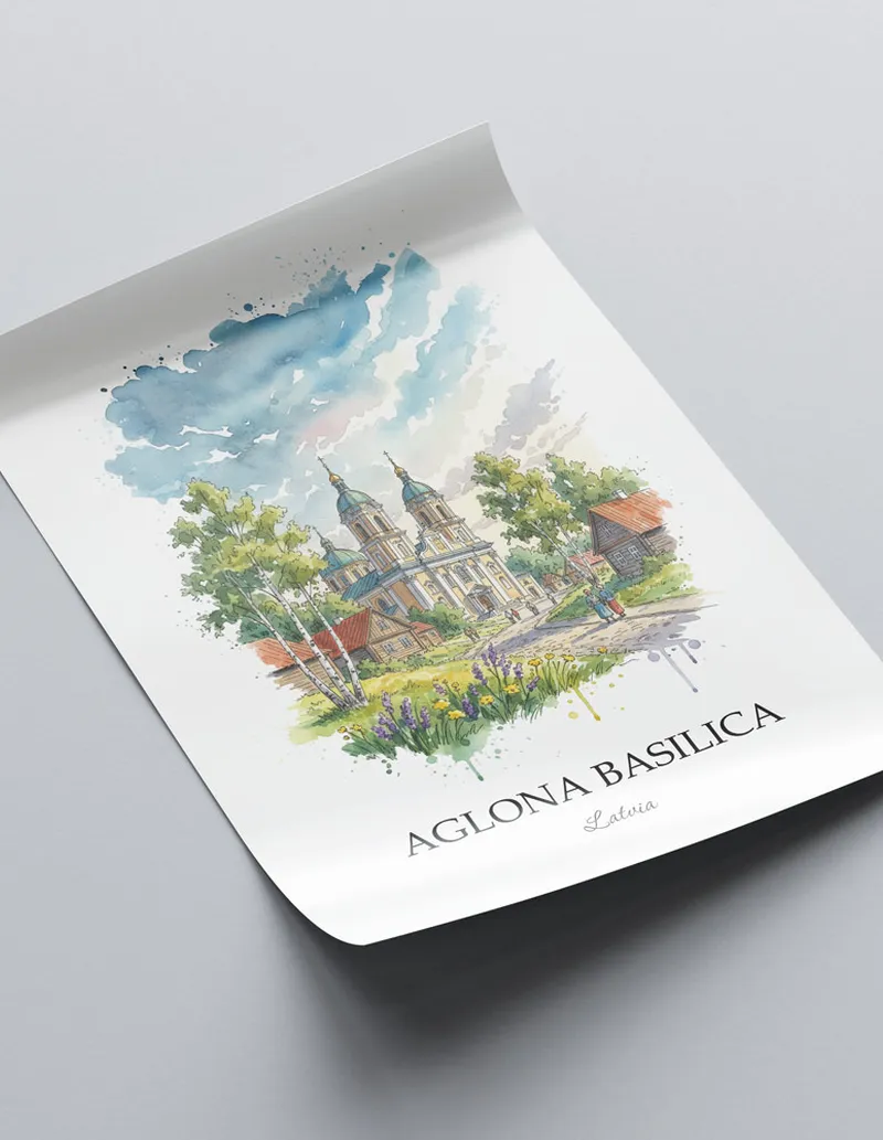 Framed wall art featuring Aglona Basilica in Latvia in a light wood frame leaning on the floor.