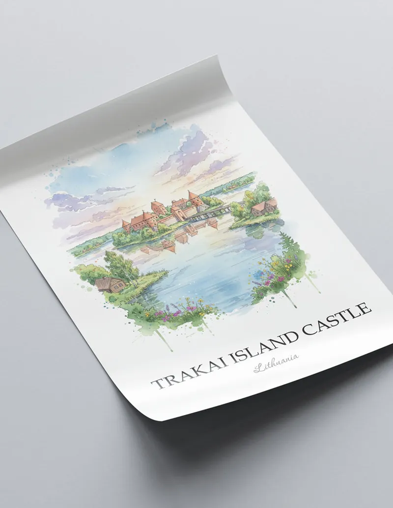 Framed wall art featuring Trakai Island Castle in Lithuania in a light wood frame leaning on the floor.