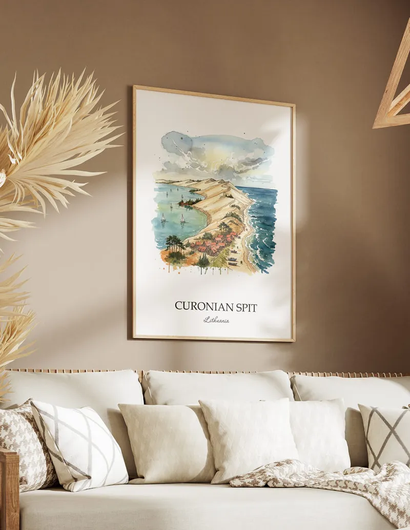 A gorgeous boho-inspired living space with a framed vintage travel poster of Curonian Spit in Lithuania on display.