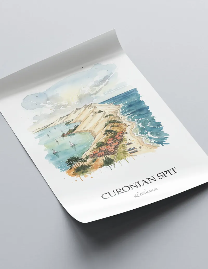 Framed wall art featuring Curonian Spit in Lithuania in a light wood frame leaning on the floor.