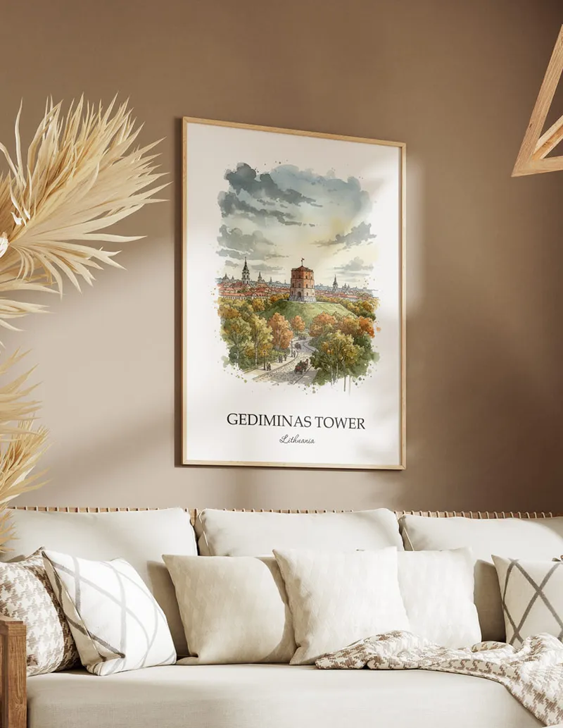 A gorgeous boho-inspired living space with a framed vintage travel poster of Gediminas Tower in Lithuania on display.
