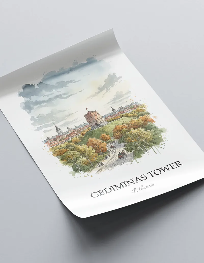Framed wall art featuring Gediminas Tower in Lithuania in a light wood frame leaning on the floor.