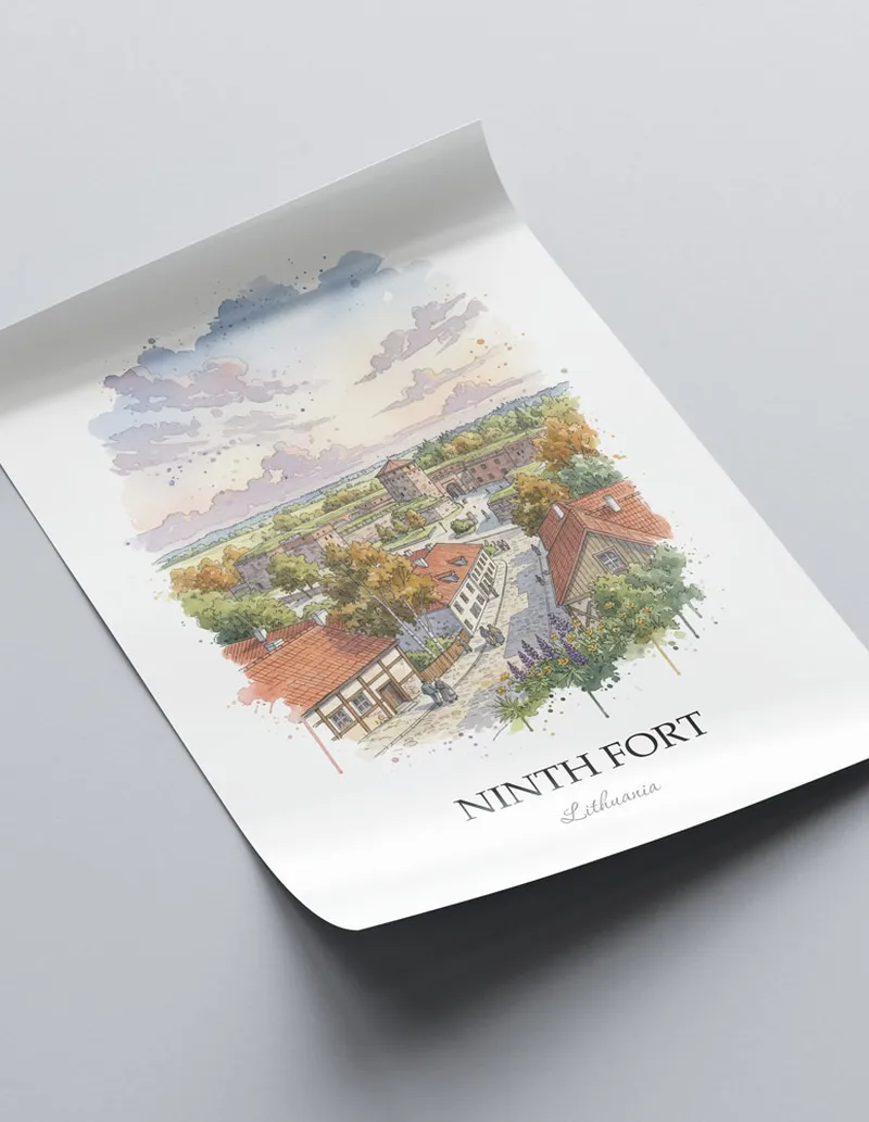 Framed wall art featuring Ninth Fort in Lithuania in a light wood frame leaning on the floor.