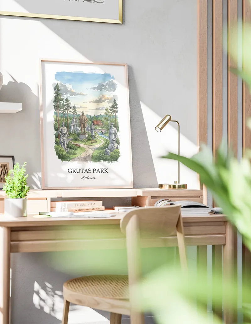 A clean and modern mockup showing a framed Gr_tas Park, Lithuania print on a minimalist background.