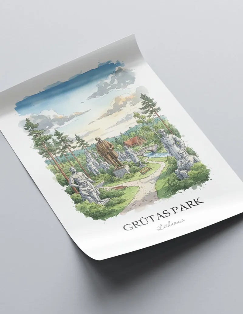Framed wall art featuring Gr_tas Park in Lithuania in a light wood frame leaning on the floor.