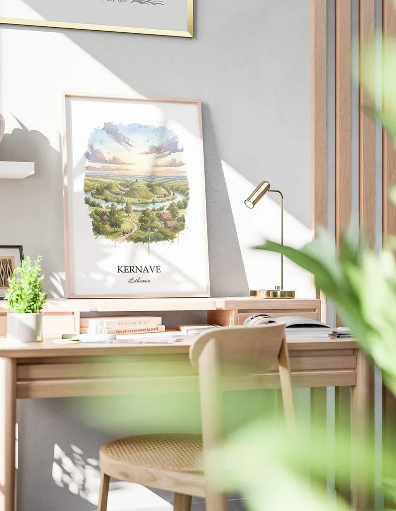 A clean and modern mockup showing a framed Kernav_, Lithuania print on a minimalist background.