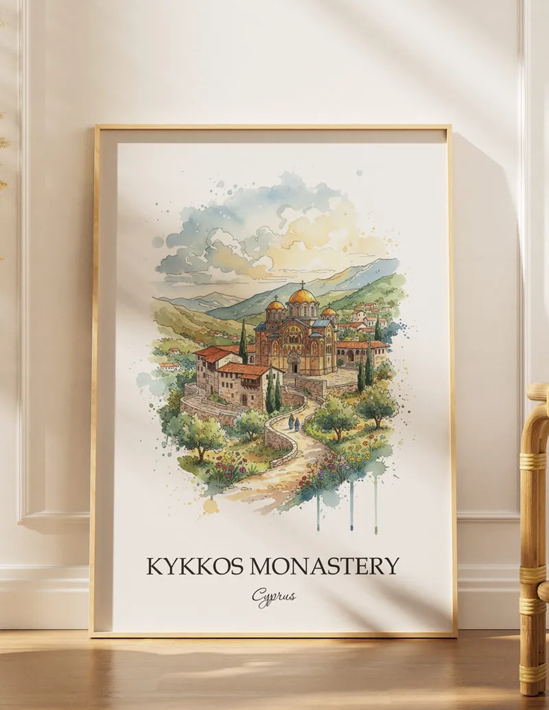 Minimalist poster of Kykkos Monastery in Cyprus in a light frame standing on the floor in a dark moody interior.